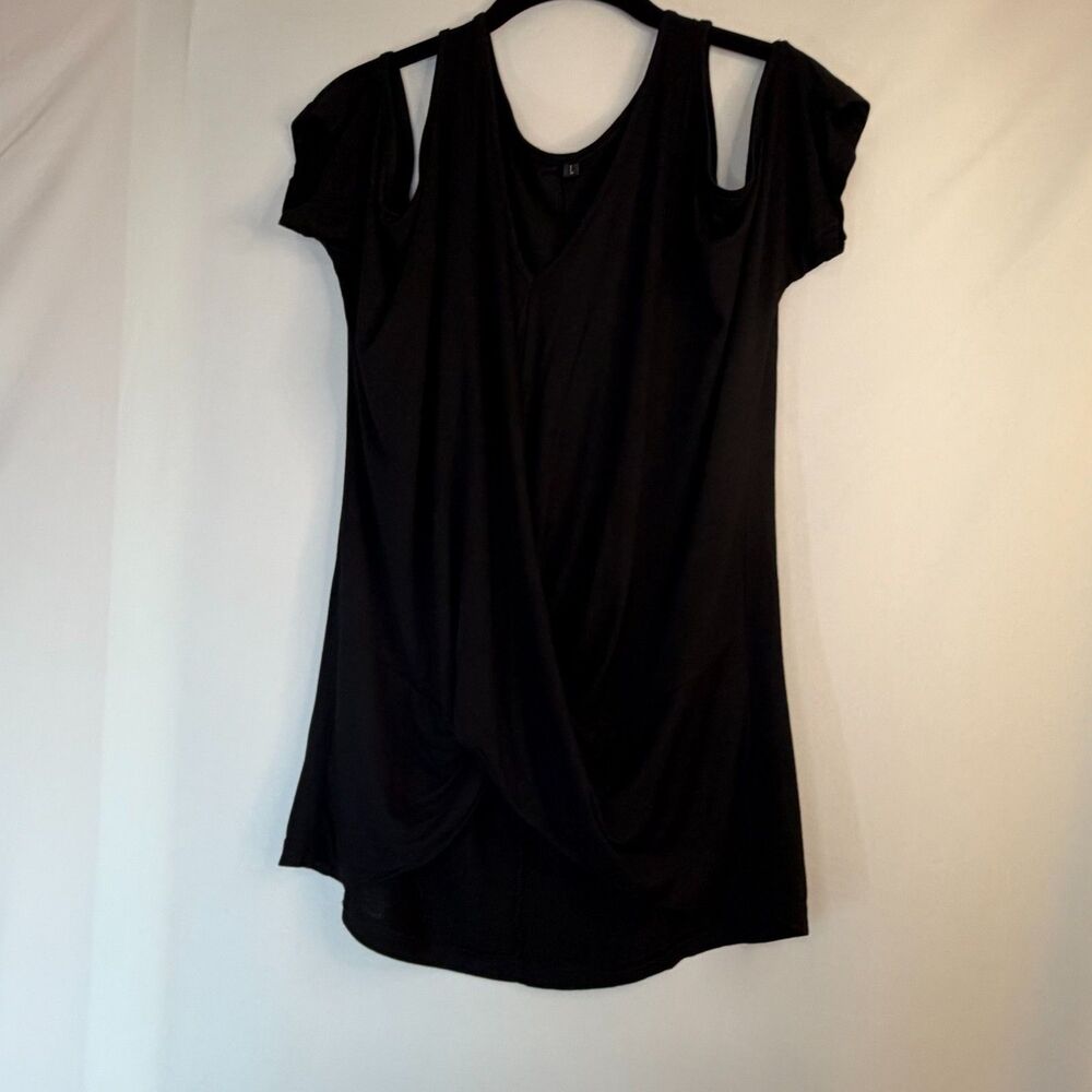 Size L Cold Shoulder V Neck Tunic Top Cotton Blend Black - Picture 1 of 4